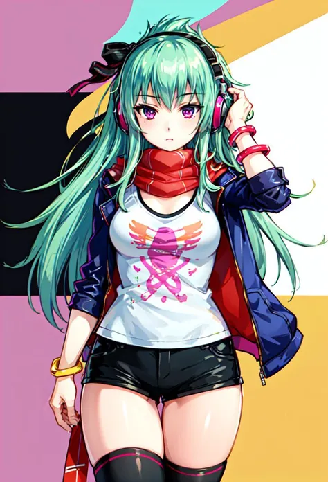 ((masterpiece, best quality)), 1girl, kanzaki saya, aqua hair, purple eyes, empress shirt, headphones, thighhighs, short shorts, scarf, bracelet <lyco:kanzakiSayaBeatmania:0.65>