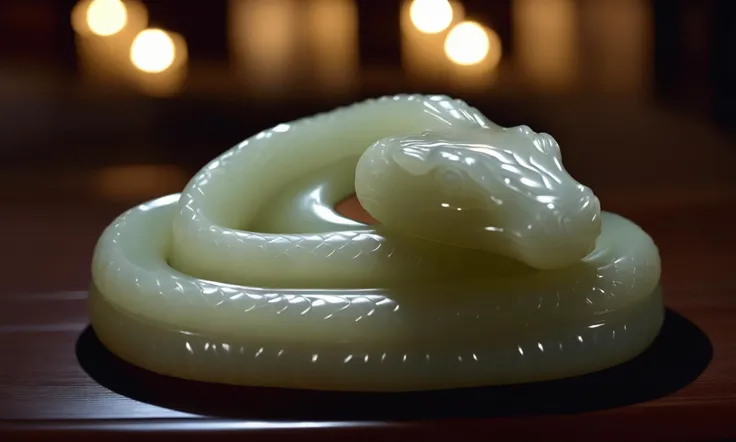 cinematic film still <lora:jadecarvingcd_xl-000007:0.8>,a statue of a snake made of (jadecarvingcd_xl,jade carving,translucent) on floor,no humans,long-focus,indoors,chinese zodiac,wooden table,cutie,cute,still life,animal statue,front view,facing viewer,looking at viewer . shallow depth of field, vignette, highly detailed, high budget, bokeh, cinemascope, moody, epic, gorgeous, film grain, grainy, 8K, HDR, UHD, masterpiece, best quality, highly detailed, high resolution, finely detail, extremely detailed, ultra detailed, wallpaper