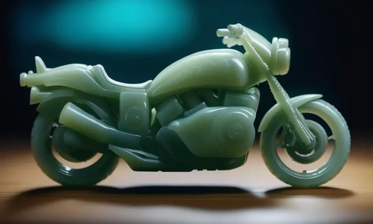 cinematic film still <lora:jadecarvingcd_xl-000007:0.8>,a handmade model toy of a motorbike made of (jadecarvingcd_xl,jade carving,translucent) on table,no humans,long-focus,indoors,full body,wooden table,cutie,cute,still life,front view . shallow depth of field, vignette, highly detailed, high budget, bokeh, cinemascope, moody, epic, gorgeous, film grain, grainy, 8K, HDR, UHD, masterpiece, best quality, highly detailed, high resolution, finely detail, extremely detailed, ultra detailed, wallpaper