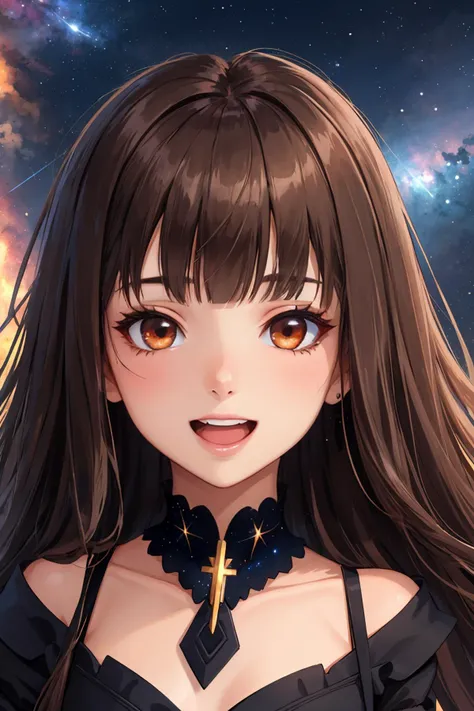 1girl, dark brown eyes, brown hair, long hair, blunt bangs, small breast, glowing eyes, night, nebula, starry sky, portrait, close up, beautiful smile, open mouth, black dress, detached sleeves