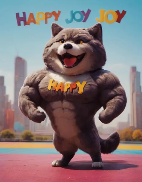 An anthroid wolf with a big smile on his face is holding a sign that says 'Happy Happy Joy Joy' in bold, colorful letters. He is standing in front of a colorful mural with a city skyline in the background.