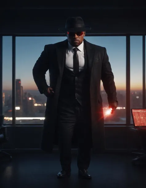 athroid in A Secret Agent anthroid is standing in front of a computer screen. He is wearing a black suit and a fedora hat. He is holding a gun. The screen shows a map with red dots indicating enemy locations. The background is a dark room with a window overlooking a city skyline.