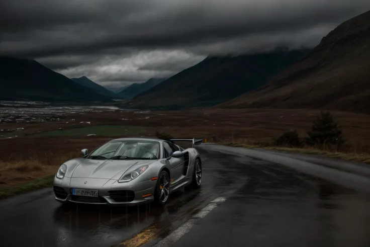 photo of landscape, (rainy weather),road,super car, 8k uhd, high quality, film grain, Fujifilm XT3