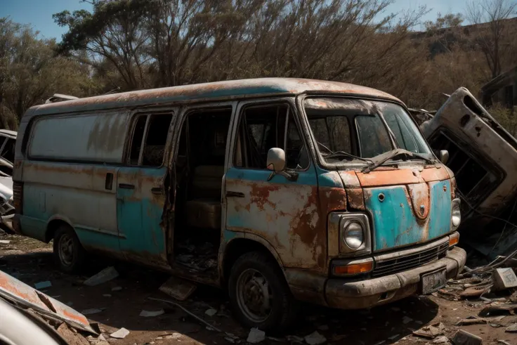 postapocalypse, photo of wrecked old van, natural lighting, 8k uhd, high quality, film grain, Fujifilm XT3