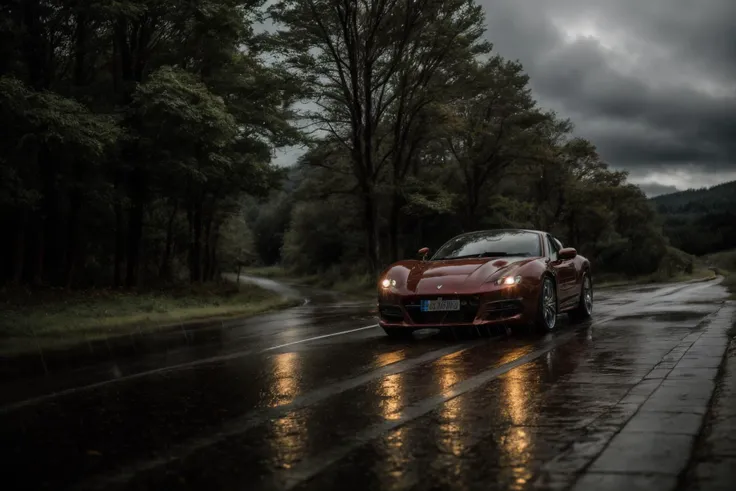 photo of landscape, (rainy weather),road,super car, 8k uhd, high quality, film grain, Fujifilm XT3