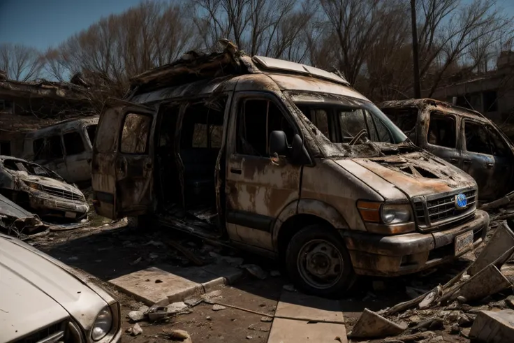 postapocalypse, photo of wrecked old van, natural lighting, 8k uhd, high quality, film grain, Fujifilm XT3