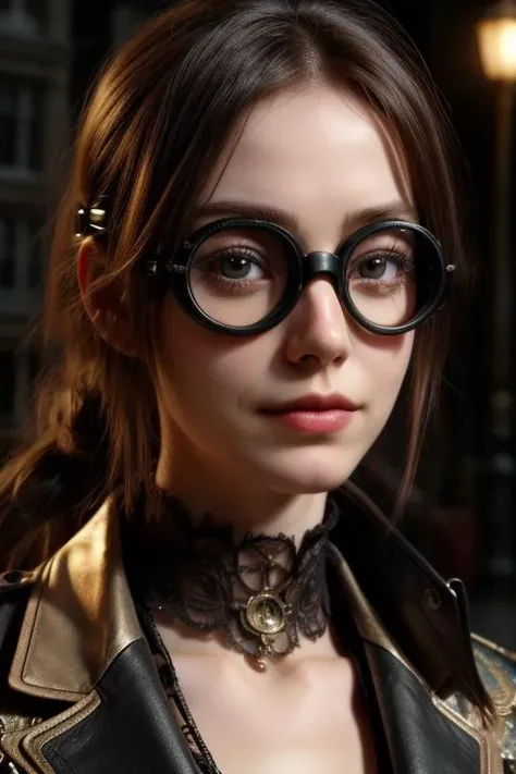 Masterpiece, art by Ed Binkley Portrait of a mysterious steampunk woman with monocle goggles and intricate mechanical elements on her face, set against a Victorian London backdrop. (photorealistic, detailed, close-up shot, trending on artstation) , realistic, perfect quality , intricated details, detailed background, cinematic lights,