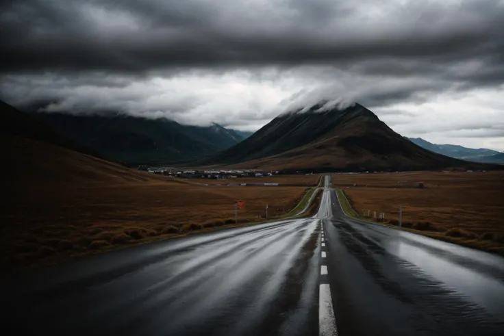 photo of landscape, (rainy weather),road,super car, 8k uhd, high quality, film grain, Fujifilm XT3