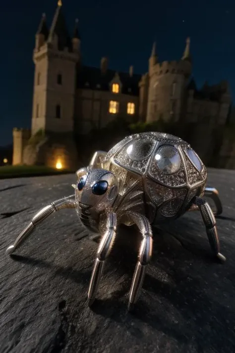 Masterpiece, art by Wayne Barlow  A silver cufflink in the shape of a spider, glistening in the moonlight against the backdrop of a gothic castle. (photorealistic, detailed, close-up shot, cinematic) , realistic, perfect quality , intricated details, detailed background, cinematic lights,