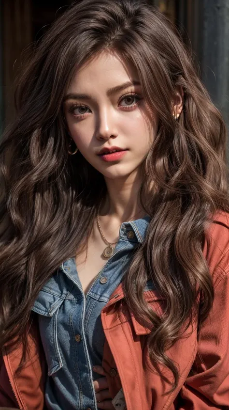 1girl, solo, long hair, jewelry, jacket, necklace, brown hair, denim jacket, looking at viewer, red jacket, upper body, denim, shirt, realistic, closed mouth, wavy hair, grey eyes, lips, pocket, open jacket, open clothes, earrings