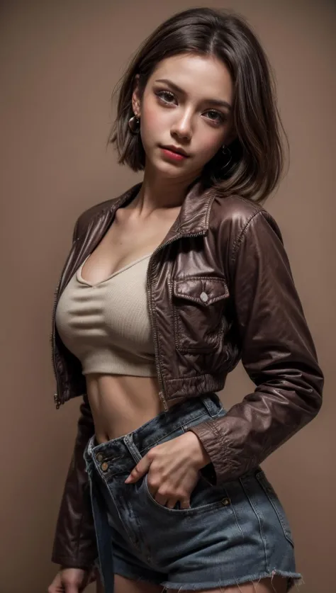 fashion photography portrait of 1girl, Utility jacket, high-waisted shorts, ankle boots, solo, [:(detailed face:1.2):0.2], midriff peek, medium breasts, breasts,jewelry,earrings,  very short hair, upper body, grey eyes, looking at viewer,black hair,(head tilt:1.2), lips, slightly smile, red background, simple background, orange_sky, 4k, high-res, masterpiece, best quality, ((Hasselblad photography)), finely detailed skin, sharp focus, (cinematic lighting), soft lighting, dynamic angle