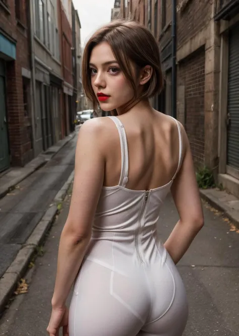 A photo ((portrait)) of a young, nerdy woman standing in a back alley, looking at the viewer. short hair, slender, red lips, flirting with the camera.Wearing a tight sexy white suit, open front