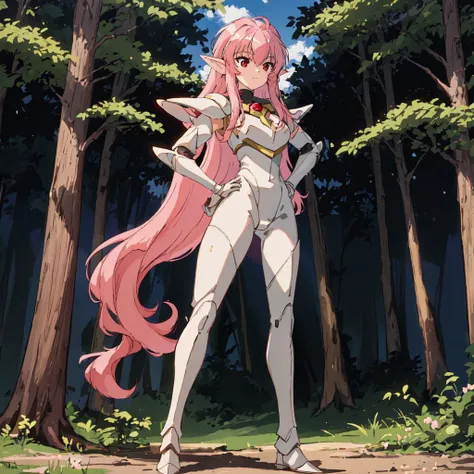 <lora:Nova-10:1>outdoor,forest,Masterpeace,high quality,Nova, 1girl, solo, long hair, red eyes, pink hair, pointy ears, blue bodysuit, blue gloves, white pauldron, white shoes, white panties, blue pantyhose, white breastplate, standing, full body, hand on hip