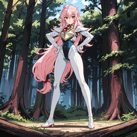 <lora:Nova-10:1>outdoor,forest,Masterpeace,high quality,Nova, 1girl, solo, long hair, red eyes, pink hair, pointy ears, blue bodysuit, blue gloves, white pauldron, white shoes, white panties, blue pantyhose, white breastplate, standing, full body, hand on hip