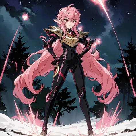 <lora:Nova-10:1>outdoor,forest,Masterpeace,high quality,Nova, 1girl, solo, long hair, red eyes, pink hair, pointy ears, armor, bodysuit, shoulder armor, breastplate, standing, full body, hand on hip