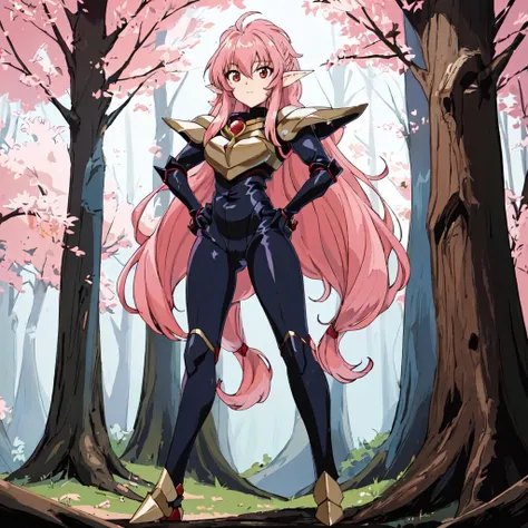 <lora:Nova-10:1>outdoor,forest,Masterpeace,high quality,Nova, 1girl, solo, long hair, red eyes, pink hair, pointy ears, armor, blue bodysuit, white shoulder armor, breastplate, standing, full body, hand on hip