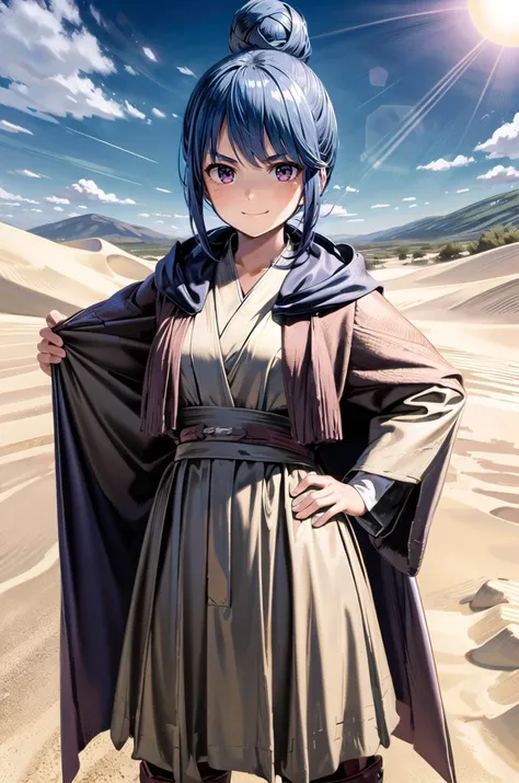 (masterpiece, best quality, detailed), 1girl, solo, looking at viewer, shima rin,hair bun, sidelocks, bangs,
<lora:JediOutfit:0.9>, JediOutfit, robe, belt, boots, desert, sand, dust, sun, hands on hips, smile, closed mouth, smug, v-shaped eyebrows