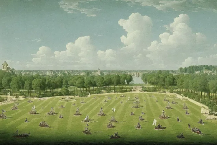 <lora:Age_Of_Sail_Battle_Painting:1> a naval battle in the Gardens of Versailles