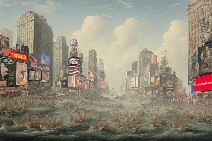 <lora:Age_Of_Sail_Battle_Painting:1> a large naval battle in Times Square
