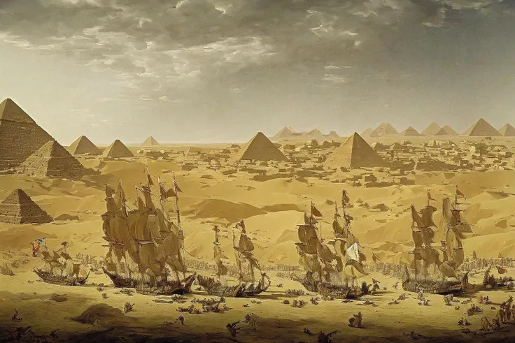 <lora:Age_Of_Sail_Battle_Painting:1> a naval battle in the Egyptian desert near the pyramids