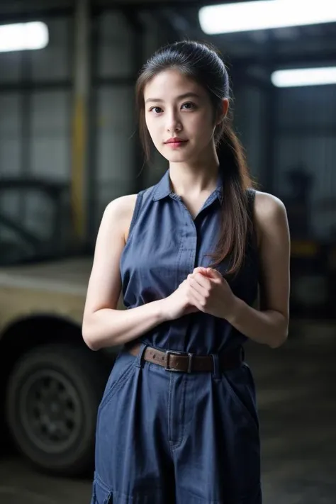 3. Young female mechanic (ethnicity: Hispanic, age: mid-20s) in a busy auto workshop (setting: industrial, cluttered). She's in a mechanic's jumpsuit (fabric: durable, oil-stained) with a tool belt. Her hair is tied back in a practical ponytail, with no makeup. She's working under a car (action: skilled, focused), her pose confident and capable. <lora:Instaface-9:1>