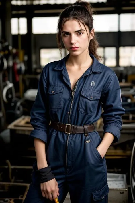 Susanna Otxoa mechanic in a busy auto workshop (setting: industrial, cluttered). She's in a mechanic's jumpsuit (fabric: durable, oil-stained) with a tool belt. Her hair is tied back in a practical ponytail, with no makeup. She's working under a car (action: skilled, focused), her pose confident and capable