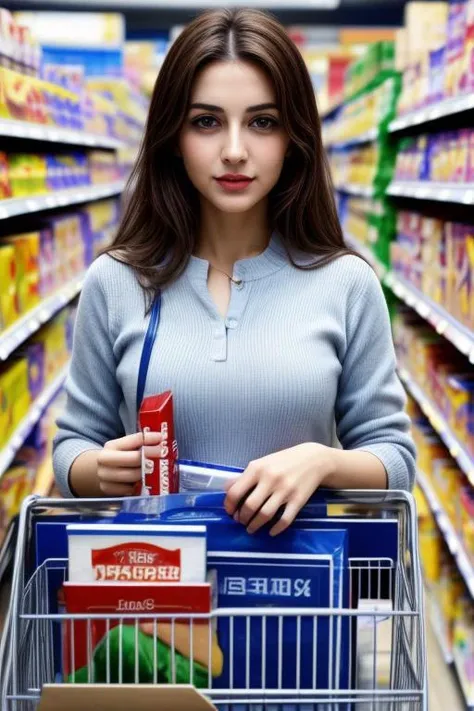 Mirela Dibra in the supermarket, perfecteyes eyes, <lora:lora_perfecteyes_v1_from_v1_160:1>