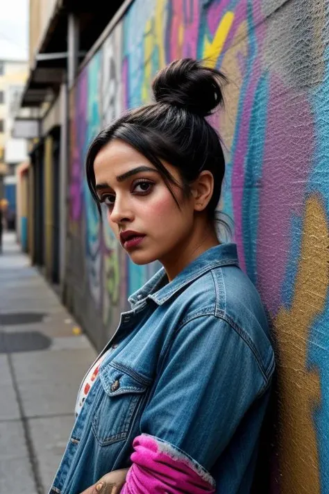 Mandip Gill in an urban alley (setting: graffiti-covered, vibrant). She's in casual, edgy attire (fabric: denim, layered) with her hair in a messy bun, and bold, artistic makeup. She's painting a large mural (style: colorful, expressive), her expression focused and creative
