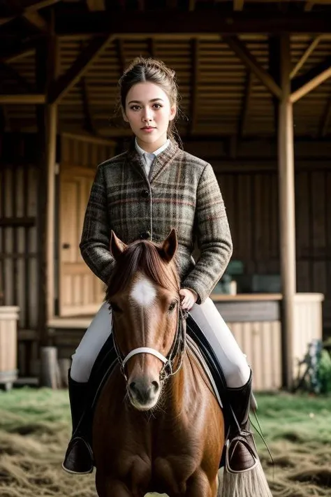 Maddi Abaroa equestrian in a rustic stable (setting: countryside, dawn). She's wearing traditional riding attire (fabric: tweed, fitted) with her hair in a low ponytail, and minimal, natural makeup. She's grooming a horse (breed: thoroughbred), her posture gentle and caring