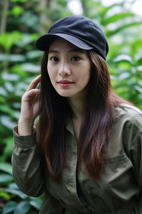 8. Female wildlife photographer (ethnicity: White, age: mid-30s) in a dense rainforest (setting: natural, wild). She's in camouflaged outdoor gear (fabric: waterproof, green) with her hair under a hat, and no makeup. She's photographing exotic birds (action: patient, silent), her stance steady and unobtrusive. <lora:Instaface-9:1>