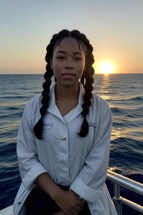 Oumou Ihejirika marine biologist on a research boat (setting: oceanic, sunrise). She's wearing practical, waterproof gear (fabric: weather-resistant) with binoculars slung around her neck. Her hair is in a practical braid, and her makeup is natural, with a focus on sun protection. She's observing marine life (species: dolphins), with a look of joy and fascination, surrounded by the vast ocean and the early morning sun casting a golden glow on the water