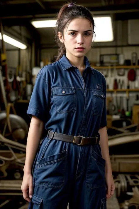Susanna Otxoa mechanic in a busy auto workshop (setting: industrial, cluttered). She's in a mechanic's jumpsuit (fabric: durable, oil-stained) with a tool belt. Her hair is tied back in a practical ponytail, with no makeup. She's working under a car (action: skilled, focused), her pose confident and capable