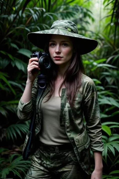 Caitríona O'Neill wildlife photographer in a dense rainforest (setting: natural, wild). She's in camouflaged outdoor gear (fabric: waterproof, green) with her hair under a hat, and no makeup. She's photographing exotic birds (action: patient, silent), her stance steady and unobtrusive