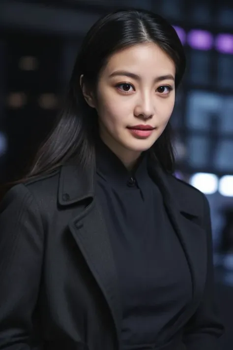 2. Female detective (ethnicity: Black, age: 30s) in a bustling city night (setting: neon-lit, urban). She's in a sleek trench coat (fabric: waterproof, dark) with her hair in a low ponytail, and sharp, understated makeup. She's examining clues (detail: focused, analytical), her stance determined and observant. <lora:Instaface-9:1>
