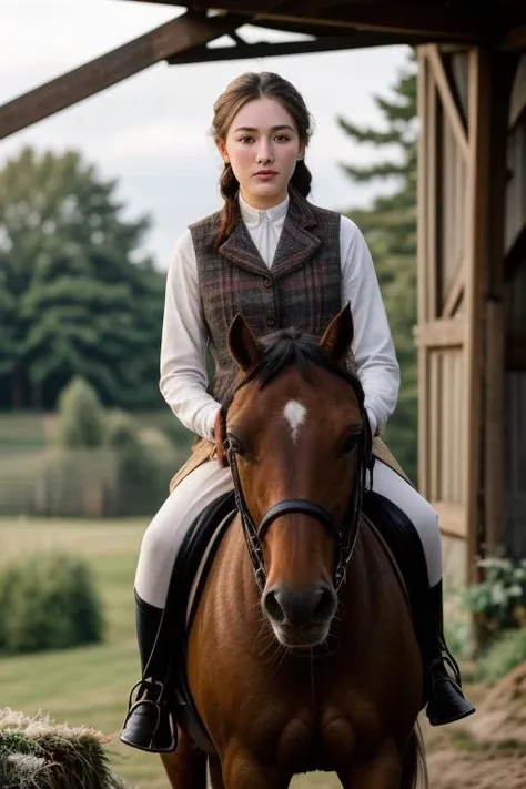 Maddi Abaroa equestrian in a rustic stable (setting: countryside, dawn). She's wearing traditional riding attire (fabric: tweed, fitted) with her hair in a low ponytail, and minimal, natural makeup. She's grooming a horse (breed: thoroughbred), her posture gentle and caring