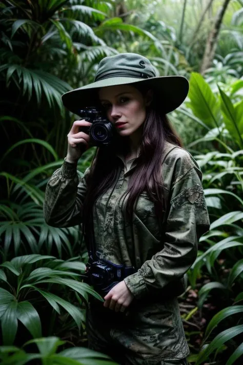 Caitríona O'Neill wildlife photographer in a dense rainforest (setting: natural, wild). She's in camouflaged outdoor gear (fabric: waterproof, green) with her hair under a hat, and no makeup. She's photographing exotic birds (action: patient, silent), her stance steady and unobtrusive