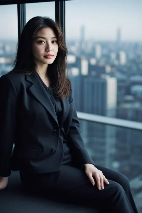 4. Female executive (ethnicity: Black, age: 40s) in a high-rise office (setting: modern, overlooking a cityscape). She's in a sharp business suit (fabric: fine wool, tailored) with her hair styled in a sleek bob, and professional makeup. She's looking out the window (view: sprawling city below), her pose powerful and contemplative. <lora:Instaface-9:1>