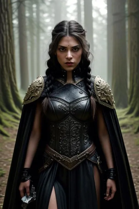 Kaitlynn Boothman medieval warrior in a misty, ancient forest (setting: mystical, dawn). She's clad in detailed leather armor (design: ornate, practical) with a long, flowing cape. Her hair is styled in intricate braids suitable for battle, and her face is marked with subtle war paint. She's wielding a sword (style: historical, embellished) with a fierce and determined expression, surrounded by ancient trees and soft, early morning light