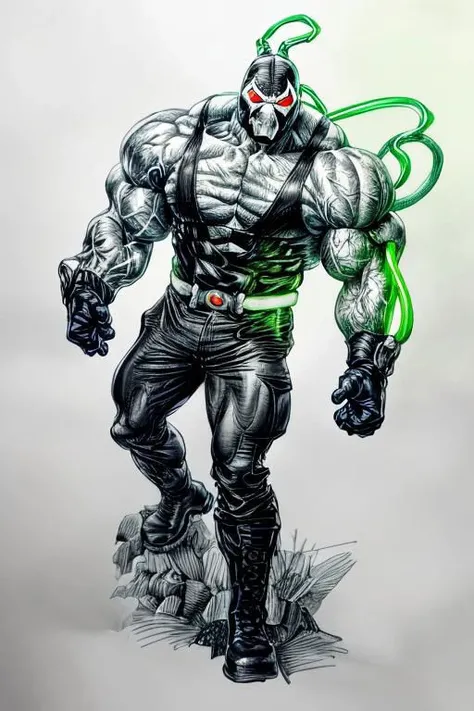 1 adult man, male focus, upper body, 
(black white mask, green thick veins, green glowing tubes on arm and head, extremely large muscular man, red glowing eyes, gloves, black tank top, pants, boots, armor)
tagrealisticpencil drawing(sketch:1.2)paintingrough sketch,(line art:1.2),meticulous painting,white papercharacter on paperblack and whiteextra lines,clear lines,shadow