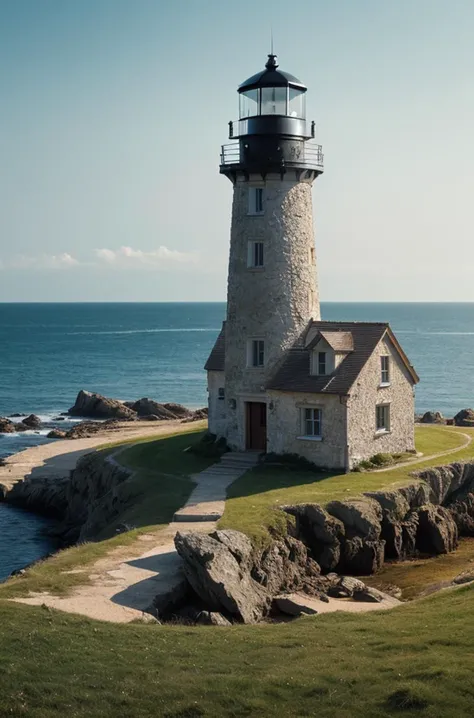 light house, by the sea, rock, wood house, grass, (masterpiece), ((ultra-detailed)), (highly detailed CG illustration), (expressionless), (best quality:1.2), High quality texture, intricate details, detailed texture, High quality shadow, Cinematic Light, Depth of field, light source contrast, perspective, 20s,