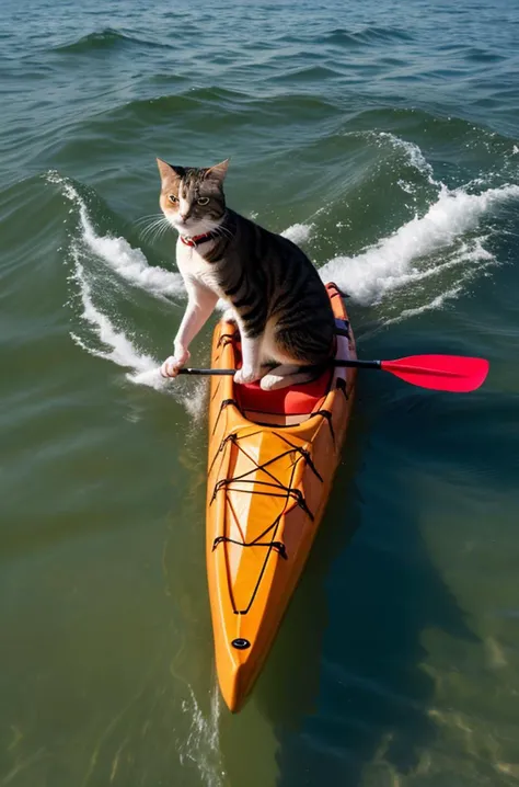 ((full body)), Fat cat floating in kayak, paddling, in motion, action-packed background, correct line