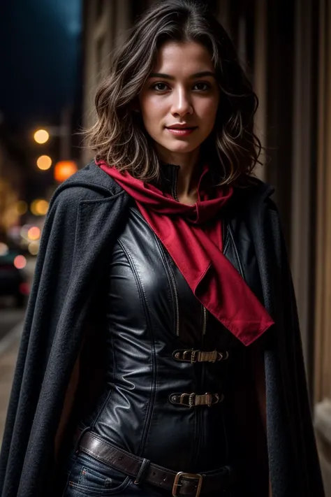 A photo of a beautiful cute young woman medium hair, <lora:DETAIL_SLIDER_BY_STABLE_YOGI:0.8> dressed in a black:0.8 clothing with a red cape:1.0, by Dan Mumford and naoto hattori, rendered in Octane, trending on artstation, 4k, 8k, 3D