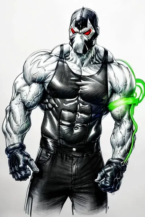 1 adult man, male focus, upper body, 
(black white mask, green thick veins, green glowing tubes on arm and head, extremely large muscular man, red glowing eyes, gloves, black tank top, pants, boots, armor)
tagrealisticpencil drawing(sketch:1.2)paintingrough sketch,(line art:1.2),meticulous painting,white papercharacter on paperblack and whiteextra lines,clear lines,shadow