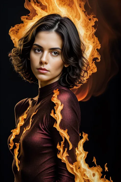 Head, dark hair made of flames, upper body, look over shoulder, hyperrealistic, real photo shoot, 8k