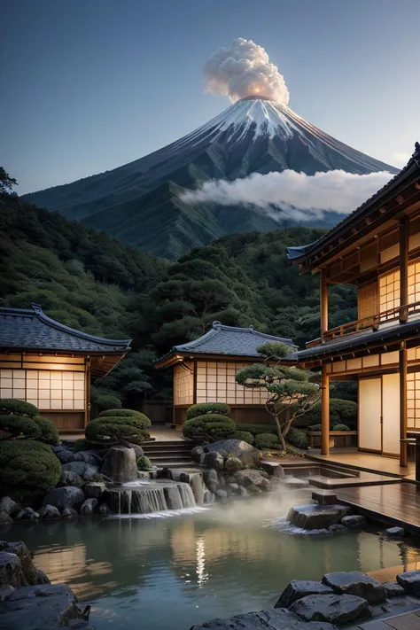 landscape, japan hot onsen, fuji mountain, detail, realistic, ((masterpiece)), hot steam, <lora:ARWJapanOnsen:1>