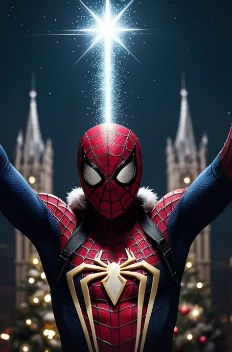 christmassweater, Highly detailed Dynamic shot of majestic adorable spiderman, high quality, beautiful masterpiece, fantasy creature, kawaii, digital art, glowing sparkles