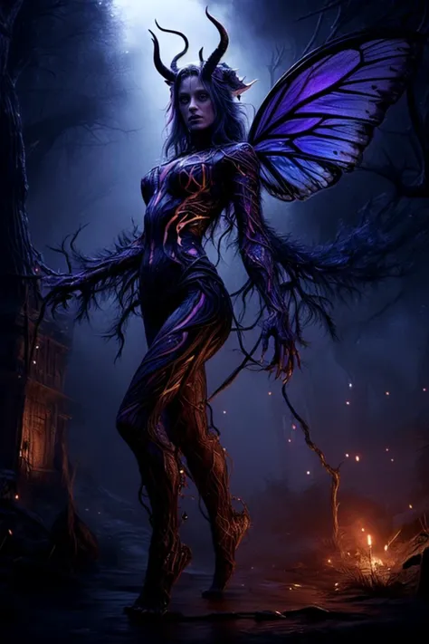 ((best quality)), ((masterpiece)), ((realistic,digital art)), (hyper detailed),DonMD3m0nV31ns,bio organic demonic veins, Massive Agile Networked Bohemian Anthropomorphic, Padded Appendages, Quadrifurcated-Tailed Bushy-Tailed, Crystalized Skin, Butterfly Wings, Pointed Horns Cobalt Blue, <lora:DonMD3m0nV31ns-000012:0.85>