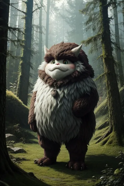 cute fluffy monster, fantasy forest,