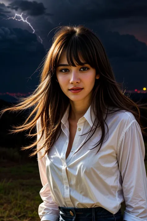 A photo of a beautiful cute young woman medium hair, <lora:DETAIL_SLIDER_BY_STABLE_YOGI:0.8> dressed in a professional makeup, with medium length kinkai flowing in the wind, she has lightning bathed for a long time, an anime drawing by Jin Homura, featured on pixiv, neo-romanticism, anime, pixiv, deviantart hd