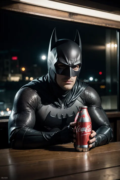 Batman man in bat suit,drinking cocacola, worn bat mask, city night with a skyline in background, key light, front lighting, alex ross style, art of alex ross, aquaman, <lora:weight_slider_v1:4>, <lora:muscle_slider_v1:0>, Wide angle, chaotic cabin in background. vibrant, photorealistic, realistic, dramatic, dark, sharp focus, 8k., high quality photography, 3 point lighting, flash with softbox, 4k, Canon EOS R3, hdr, smooth, sharp focus, high resolution, award winning photo, 80mm, f2.8, bokeh